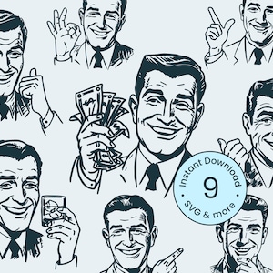 Paquete de hombre retro Svg Dibujos animados Vintage Hombre de negocios Meme Cómic 1950s Atomic Clipart Hombres de mediados de siglo Silueta ilustración png dxf digital