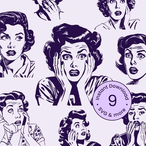 Vintage Woman Svg Cartoon Retro Housewife Comic Bundle 1950s Atomic Clipart Halloween Silhouette Illustration PNG DXF Cricut Digital Graphic