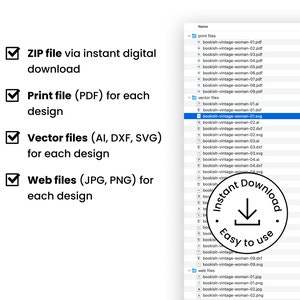 Puede incluir: Una captura de pantalla de una pantalla de computadora que muestra una lista de directorios de archivos. El directorio contiene archivos para una descarga digital de una ilustraci&oacute;n de mujer vintage. Los archivos incluyen los formatos PDF, AI, DXF, SVG, JPG y PNG. El texto "Descarga instant&aacute;nea. F&aacute;cil de usar." se muestra en un c&iacute;rculo con una flecha de descarga.
