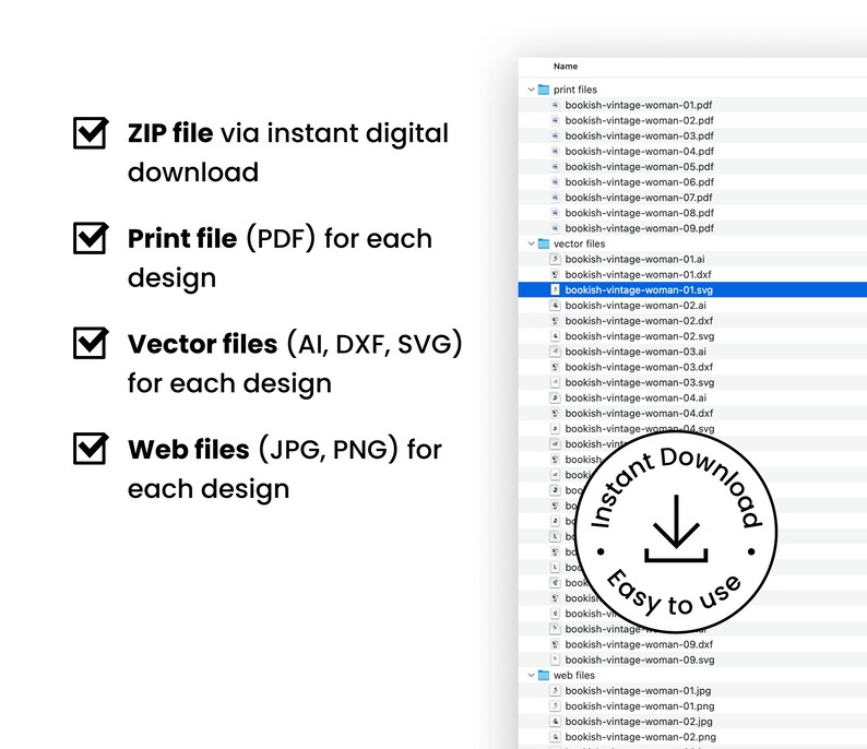 Puede incluir: Una captura de pantalla de una pantalla de computadora que muestra una lista de directorios de archivos. El directorio contiene archivos para una descarga digital de una ilustraci&oacute;n de mujer vintage. Los archivos incluyen los formatos PDF, AI, DXF, SVG, JPG y PNG. El texto "Descarga instant&aacute;nea. F&aacute;cil de usar." se muestra en un c&iacute;rculo con una flecha de descarga.