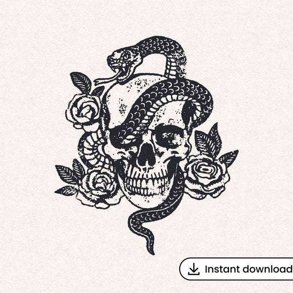 Retro Skull and Snake SVG Vintage Floral Bones Boho Western Illustration Trendy Serpent Tattoo Decor T-Shirt Transparent Graphic Download