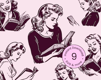 Paquete de imágenes prediseñadas de mujer leyendo vintage, ilustración retro (SVG, PNG, PDF)