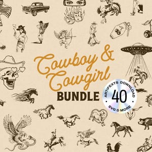 Retro Cowboy Cowgirl Bundle SVG Funny Boho Western Chic Woman Silhouette Illustration Country American Flag Transparent PNG Digital Download