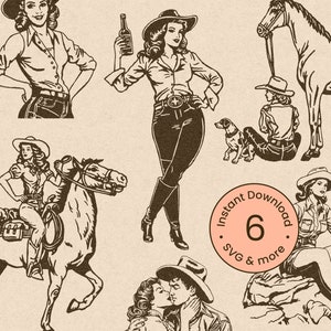 Vintage Cowgirl Bundle Svg Retro Boho Western Clipart 1950s Chic Women Silhouette Horse Illustration Png Cricut Dxf, Digital Download