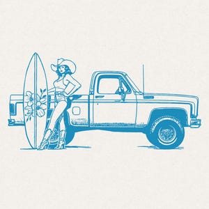 Cowgirl Surfer SVG Retro Summer Coastal Girl Illustration Boho Western Floral Surfboard T-shirt Beach Vintage Truck Graphic Transparent PNG