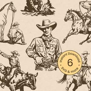 Vintage Cowboy Bundle Svg, retro rodeo Clipart, western characters, Cricut Cut, horseback, silhouette illustration png, dxf, digital graphic