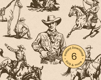 Vintage Cowboy Bundle Svg, retro rodeo Clipart, western characters, Cricut Cut, horseback, silhouette illustration png, dxf, digital graphic