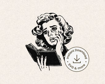 Mujer llorando leyendo SVG vintage, clipart de ama de casa de los años 50 (descarga digital)
