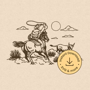 Cattle Wrangler Svg, Riding Lariat Roping bull png, Lasso horse dxf, retro cowboy, vintage lariat illustration, western vector, Cricut file