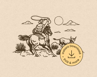 Cattle Wrangler Svg, Riding Lariat Roping bull png, Lasso horse dxf, retro cowboy, vintage lariat illustration, western vector, Cricut file