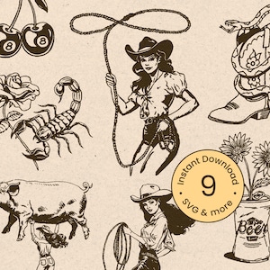 Retro Cowgirl Boho Bundle SVG Vintage Western Clipart Country Chic Women Illustration Cowboy Horse Symbols Transparent PNG Digital Download