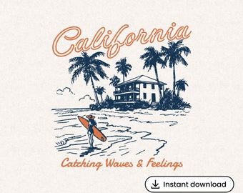 Retro California Coastal Cowgirl PNG Vintage Surf Illustration Catching Waves T-Shirt Sunshine Beach Graphic Transparent Digital Download
