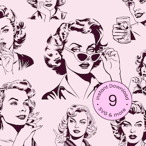 Vintage Blonde Woman Bundle Svg 1950s Retro Housewife, Atomic Characters, Glamorous Pinups Girls Silhouette Illustration Png, Dxf, Digital