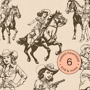 Retro Cowgirl Bundle Svg Vintage Boho Western Clipart 1950s Chic Women Silhouette Horse Cowboy Illustration Png Dxf Digital File Download