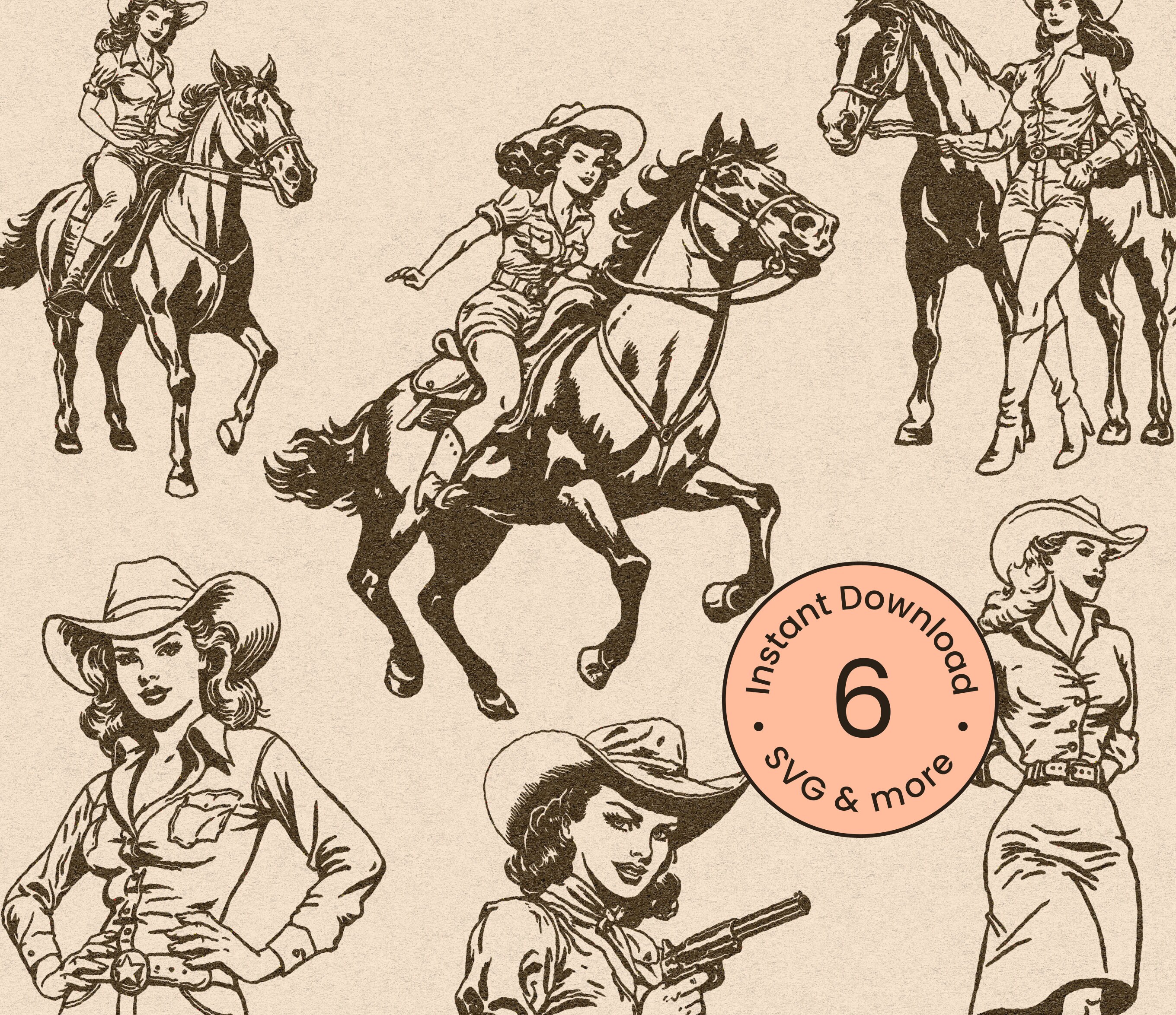 Retro Cowgirl Bundle Svg Vintage Boho Western Clipart 1950s Chic Women Silhouette Horse Cowboy Illustration Png Dxf Digital File Download