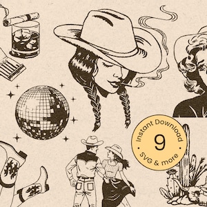 Może przedstawiać: Zestaw dziewięciu czarno-białych ilustracji przedstawiających kowbojski kapelusz, kulę dyskotekową, kaktusa, czaszkę, kowbojski but, kobietę w kowbojskim kapeluszu, kobietę w kowbojskim kapeluszu palącą papierosa, mężczyznę i kobietę w kowbojskich kapeluszach oraz kobietę w kowbojskim kapeluszu płaczącą. W obrazie znajduje się również tekst "Instant Download 9 SVG & more".