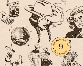 Retro Cowgirl Bundle SVG Vintage Boho Western Clipart Chic Women Illustration Whiskey Cowboy Boot Transparent PNG Horseshoe Digital Download