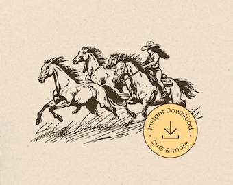 May include: A black and white line drawing of a woman riding a horse with two other horses running alongside. The woman is wearing a cowboy hat and a long-sleeved shirt. The horses are running through a field of grass.