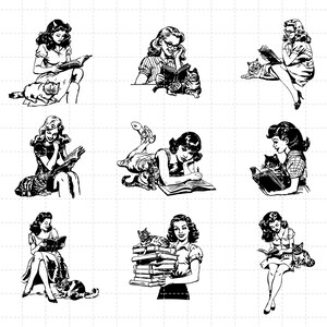 Puede incluir: Nueve ilustraciones en blanco y negro de mujeres leyendo libros con gatos. Cada mujer est&aacute; vestida con un vestido de estilo vintage y tiene un gato sentado o acostado cerca de ella.