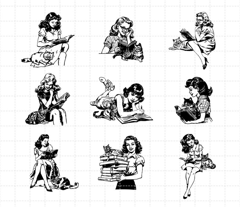 Puede incluir: Nueve ilustraciones en blanco y negro de mujeres leyendo libros con gatos. Cada mujer est&aacute; vestida con un vestido de estilo vintage y tiene un gato sentado o acostado cerca de ella.