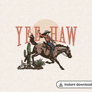 Retro Cowgirl Yeehaw PNG Vintage Cowboy Sunshine Desert Illustration Western Horse Riding T-Shirt Graphic Transparent Digital Download