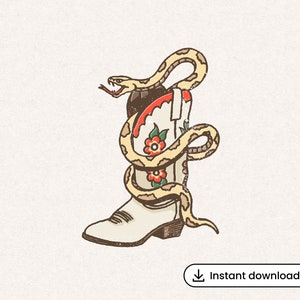 Snake in the Boot PNG Retro Cowgirl Vintage Western Boho Cowboy Illustration Wild West Decor Trendy T-Shirt Transparent Graphic Download