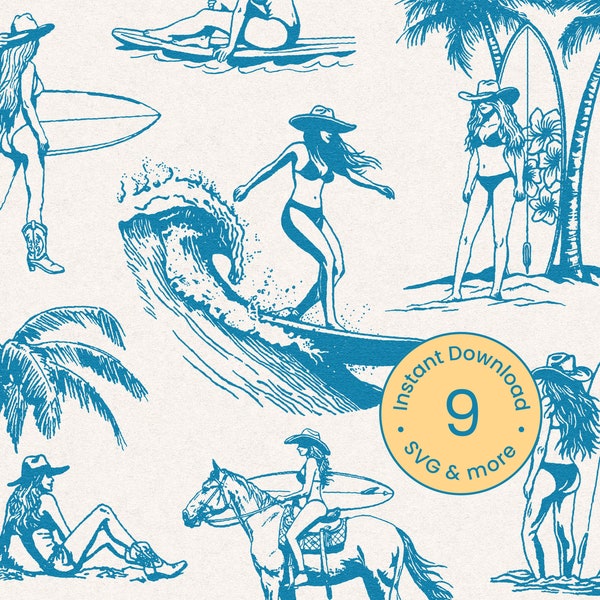 Bundle SVG rétro cow-girl côtière de l'ouest surf vagues Illustration Boho T-shirt soleil plage graphique PNG Transparent téléchargement numérique