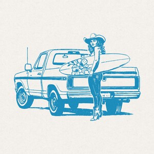 Surfer Cowgirl SVG Retro Summer Coastal Girl Illustration Boho Western Floral Surfboard T-Shirt Vintage Truck Beach Graphic Transparent PNG