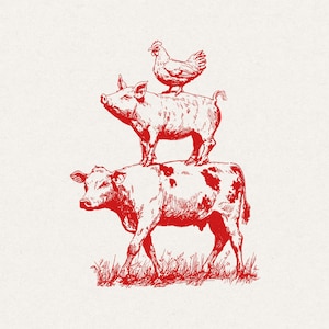 May include: Red illustration of a cow, pig, and chicken stacked on top of each other. The cow is at the bottom, the pig in the middle, and the chicken at the top. The animals are drawn in a vintage style with fine lines.