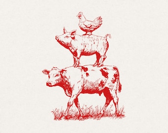 May include: Red illustration of a cow, pig, and chicken stacked on top of each other. The cow is at the bottom, the pig in the middle, and the chicken at the top. The animals are drawn in a vintage style with fine lines.