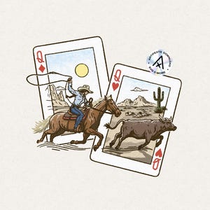 Cowgirl Wrangler PNG vintage Boho Western Boho Cowgirl rétro cheval rodéo du désert paire de Queens cartes à jouer SVG Transparent numérique