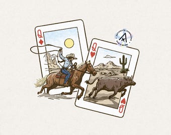 May include: Two playing cards, both queens, are shown. The queen of diamonds card features a woman riding a horse with a lasso. The queen of hearts card features a bull running through a desert landscape.
