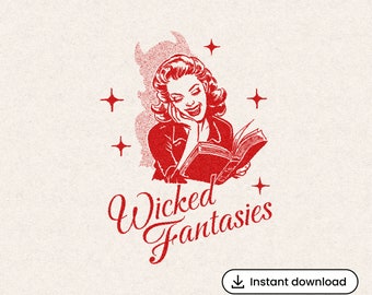 Mujer leyendo un libro en formato SVG retro, silueta de diablo de los años 50 (descarga digital)