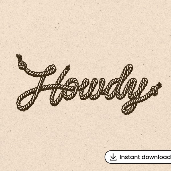 Howdy SVG Rope Lettering Typography Script Art 1950s Country Clipart Cricut Cowboy Cowgirl Illustration PNG DXF T-Shirt Transparent Graphic