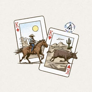 Cowboy Wrangler PNG Vintage Bohemian Western Boho Retro Cowboy Horse Riding Desert Rodeo Pair of Kings Playing Card Transparent SVG Digital