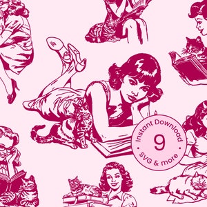 Vintage Woman Bookish SVG Bundle Cartoon 1950s Retro Woman Silhouette Atomic Cat Lover Clipart Comic Illustration PNG Digital File Download