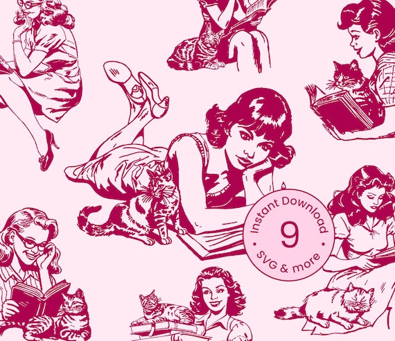Retro Woman & Cat Illustration Bundle, 1950s Book Lover Clipart (Digital Download)