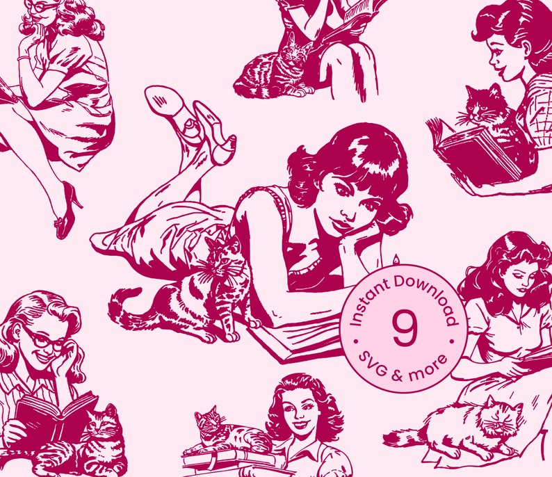 Puede incluir: Una ilustraci&oacute;n digital de nueve mujeres leyendo libros con gatos. Las mujeres est&aacute;n dibujadas en un estilo vintage con cabello rojo y vistiendo vestidos. Los gatos est&aacute;n sentados en sus regazos o junto a ellas. El fondo es de color rosa claro. El texto "Descarga instant&aacute;nea 9 SVG y m&aacute;s" est&aacute; en un c&iacute;rculo en la esquina inferior derecha.