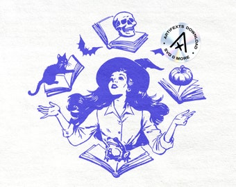 May include: A purple illustration of a witch with long hair, wearing a hat and holding a book. The witch is surrounded by other books, a cat, a skull, a pumpkin, and a frog. The text "ARTIFEXS DOWNLOAD SVG & MORE" is in a circle.