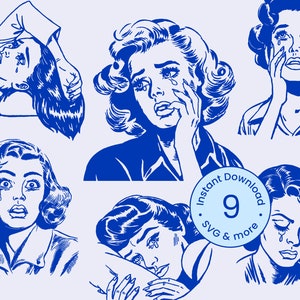 Vintage Woman Crying SVG Bundle Cartoon 1950s Retro Housewife Atomic Clipart Sad Girl Silhouette Comic Illustration PNG DXF Cricut Download