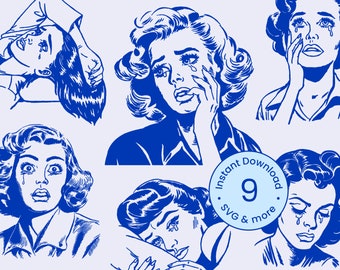 Vintage Woman Crying SVG Bundle Cartoon 1950s Retro Housewife Atomic Clipart Sad Girl Silhouette Comic Illustration PNG DXF Cricut Download