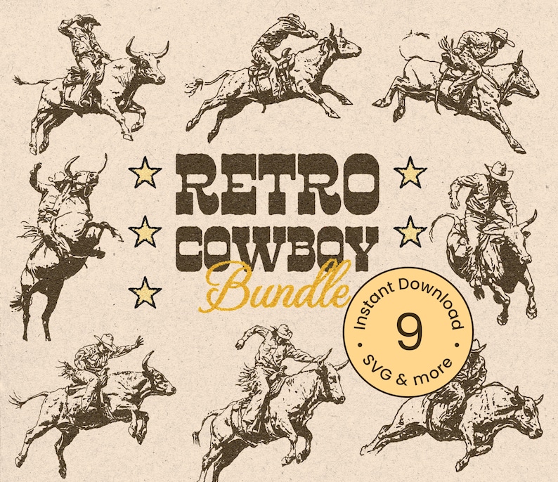 Vintage Cowboy Bull Riders Bundle Svg, Retro Rodeo Clipart, Western ...
