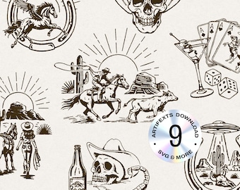 May include: A set of nine vintage western-themed illustrations, including a cowboy riding a horse, a skull wearing a cowboy hat, a horseshoe, a cactus, a sun, a flying saucer, a playing card, a dice, and a martini glass. The illustrations are in black and white and have a distressed look.