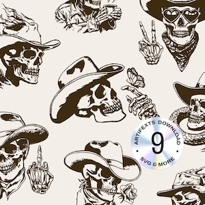 Può includere: Nove illustrazioni in bianco e nero di teschi di cowboy con cappelli. I teschi sono in varie pose, tra cui tenere una tazza di caffè, fare il segno della pace, tenere una rosa e tenere un serpente. Le illustrazioni sono su uno sfondo beige chiaro.