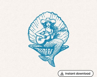 Retro Coastal Cowgirl SVG Vintage Siren Playing Banjo Illustration Boho T-Shirt Western Beach Clam Graphic Transparent PNG Digital Download