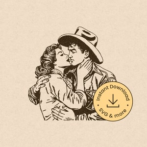 Cowboy cowgirl romance Svg, cowboy kiss Clipart, cowboy western love svg, retro illustration, western vintage, western Cricut Cut, kiss hug