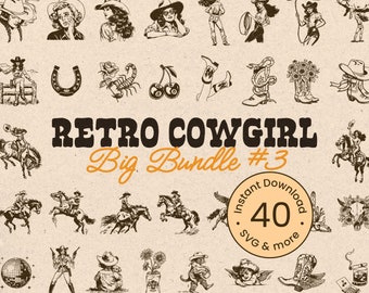 Retro Cowgirl Big Bundle SVG Vintage Boho Western Chic Woman Silhouette Illustration Country Cowboy Cricut Transparent PNG Digital Download