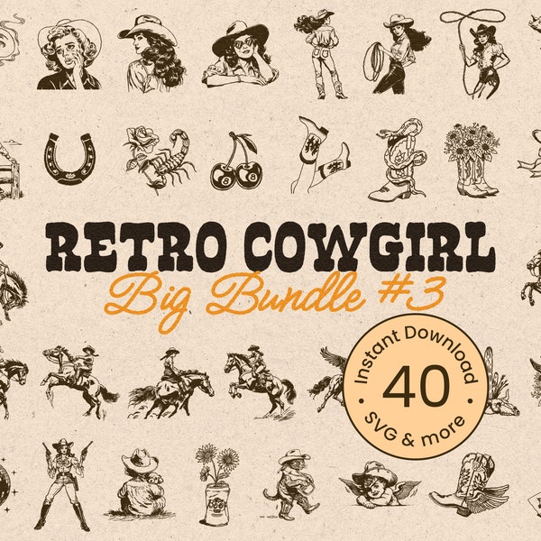 Retro Cowgirl Big Bundle SVG Vintage Boho Western Chic Woman Silhouette Illustration Country Cowboy Cricut Transparent PNG Digital Download