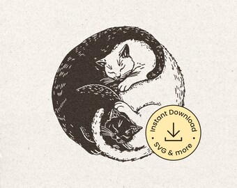 Sleeping Yinyang Cats Svg, Black White Vintage Illustration, Retro Cats Clipart, Yin and Yang Cat Silhouette T shirt Design Download PNG PDF