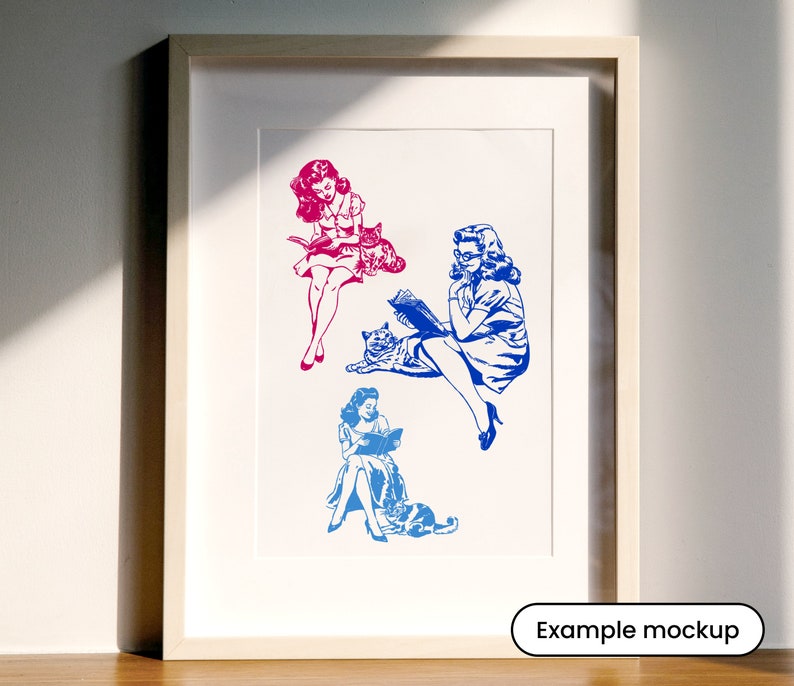 Puede incluir: Tres mujeres leyendo libros con sus gatos. Las mujeres est&aacute;n dibujadas en un estilo vintage con contornos azules y rosas. Los gatos est&aacute;n dibujados en un estilo similar con contornos azules.